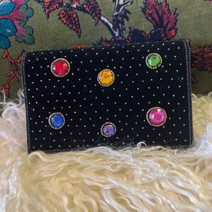 Black Velvet Clutch with Multicolor Gem Accents